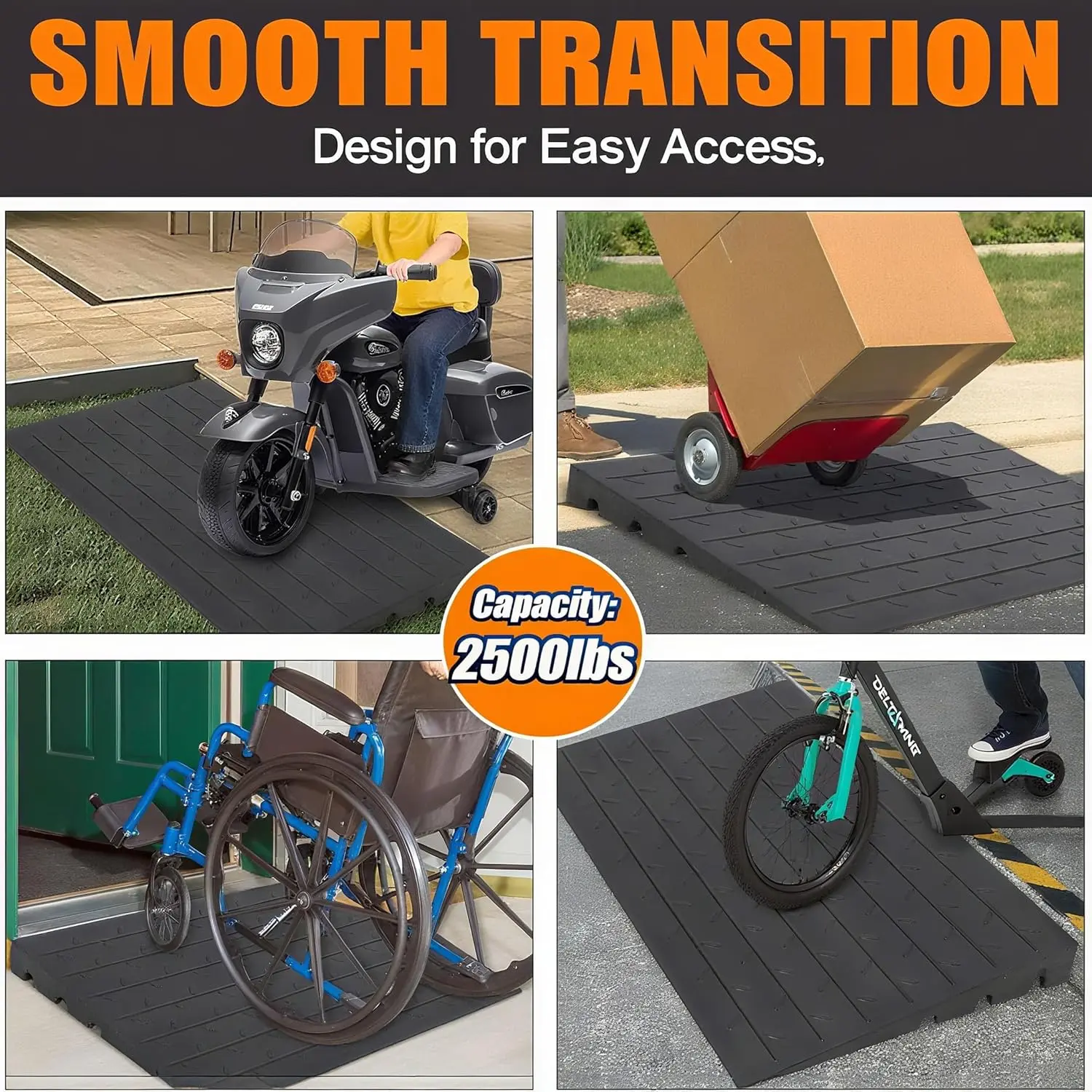 Rubber Driveway Curb Ramps, 15 Ton Capacity Heavy Duty Car Ramp, 2.5 Inch High Curbside Bridge Ramp, 4ft Motorcycle Ramp for Loading Dock Garage Sidewalk Wheel Ramp