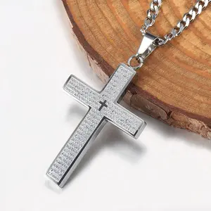 Mens Boys Cross Pendant Necklace Gold Color Silver Black Tone 3mm Cuban Chain Box Link 18-24inch Christ Necklace Jewelry