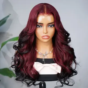 OQ HAIR Layered Body Wave Glueless Wigs Burgundy 99J To Black Ombre Color Pre-Cut 13x6 Lace Wear Go Glueless Wig With Flexible Fit Drawstring