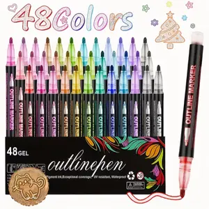 Double Line Contour Markers, 48 Colors Super Twisted, Shiny Outline Marker Set, Metal Color Markers (sparkle) for Writing, Drawing, DIY Art Crafts, Shiny Finish