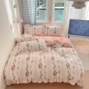 Floral Pattern Duvet Cover Set, 4 Counts/set Including 1 Duvet Cover & 1 Flat Sheet & 2 Pillowcase without Filler, Fluffy Duvet Insert Decorative Soft Bedding Set for Home Bedroom, Machine Washable Duvet, Bed Sets