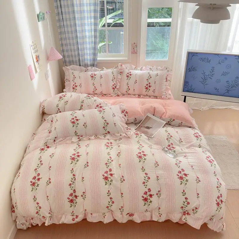 Floral Pattern Duvet Cover Set, 4 Counts/set Including 1 Duvet Cover & 1 Flat Sheet & 2 Pillowcase without Filler, Fluffy Duvet Insert Decorative Soft