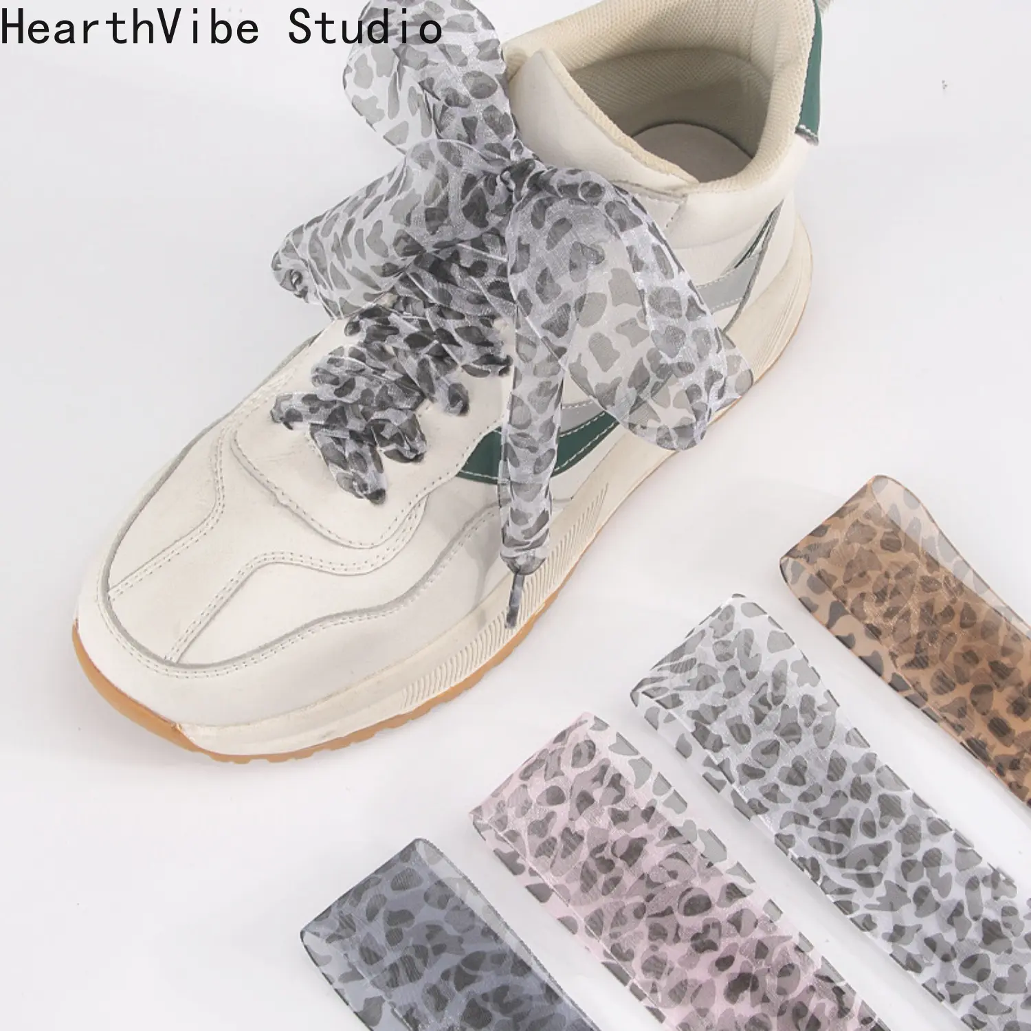 White Leopard Print Shoelaces, 4cm Extra-Wide Sheer Organza Ribbon, Casual Lace-Up for Sneakers, Nylon