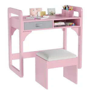 Garvee Wooden Study Desk and Chair Set in Pink with Spacious Cloth Drawers and Built-in Pen Holder for Organized Learning and Writing
