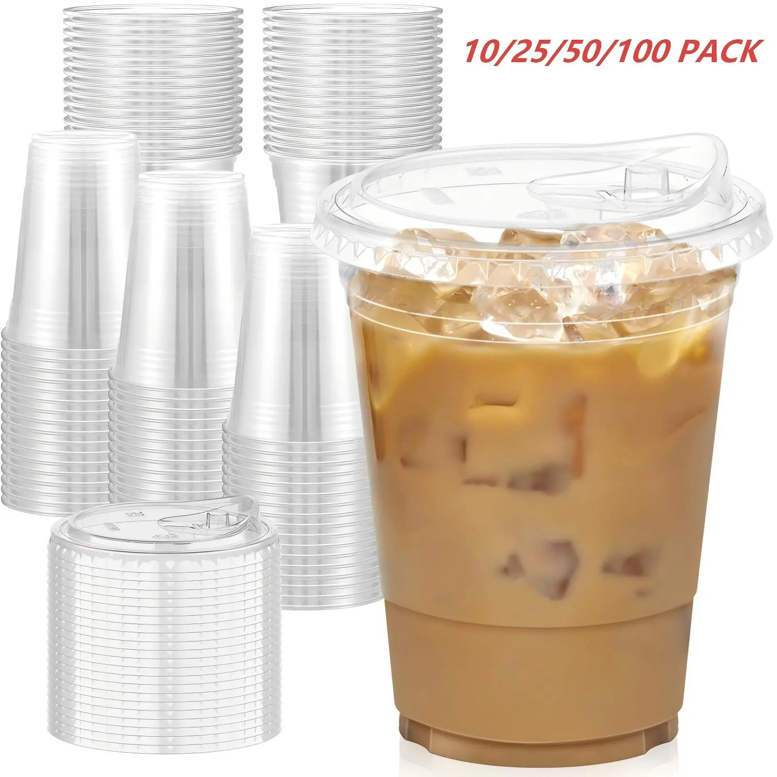 16oz Transparent Plastic Cup, Reusable Ice Coffee Mug with Lid, No Straw, Ideal for Parties, Weddings, Events, Cold Drinks, Plastic Clear Cups, Clear Plastic Cups with Lids