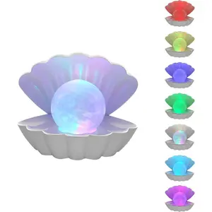 SQ-RDL006 Shell Pearl Beach Themed Night Light, RGB 8 Colors Changing Mood Shell Pearl Lamps, Bedside LED Clamshell Portable Night Lights for Bar (White)