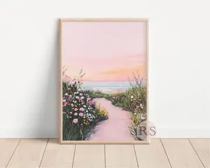 Pink Coastal Beach Spring Wildflower Landscape Painting Art Print Poster