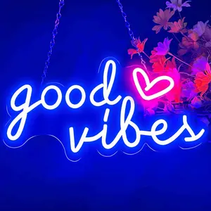 Blue Good Vibes Neon Signs for Wall Decor, Room Decor Aesthetic Good Vibes Neon Light Blue, USB Good Vibes LED Sign for Bedroom, Pink Heart & Good Vibes Light up Sign for Teen Boys Men Cave