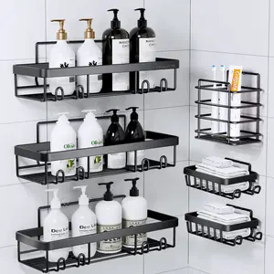 PHANCIR 6 PCS Shower Caddy, No Drilling Bathroom Organizer with Soap Holder, Adhesive Bathroom Caddy, Black Installation Square Transparent Stainless