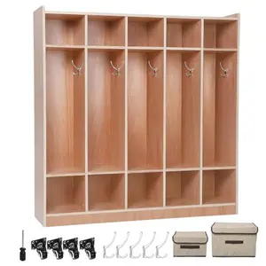 【GARVEE】Classroom Coat Locker with Glazed Finish, Featuring 5 Sections, 10 Cubbies, 4 Casters, 5 Hooks, and 2 Storage Boxes for Organized Storage and Easy Mobility