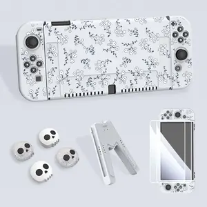 Game Console Protective Cover Set, Dust Proof Handheld Gaming Console Accessories Including Toughened Film & Thumb Grip & Rocker Arm Cover & Controller Grips for Switch OLED/NS