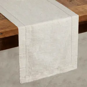 KINGSTONE 100% Pure French Linen Table Runner 120 Inches Long, Natural Hemstitch Tablecloth with Mitered Corners, Crease-Free Scroll Packaging, 14x120 for Easter, Mother's Day, Farmhous