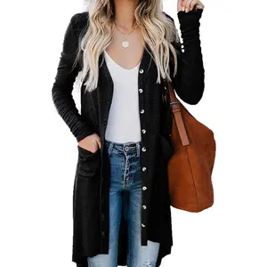 Women's Long Cardigans Button Down High Low Solid Knit Loose Cardigans with Pockets