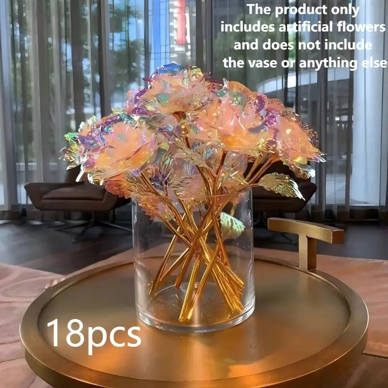18Pcs Artificial Crystal Gold-Plated Forever Roses, Eternal Roses, Artificial Decorative Flowers, Multiple Colors, Iridescent Decor, Maintenance-Free, Gift, for Valentine's Day, Christmas, Birthdays, & Events, Ideal for Indoor & Outdoor