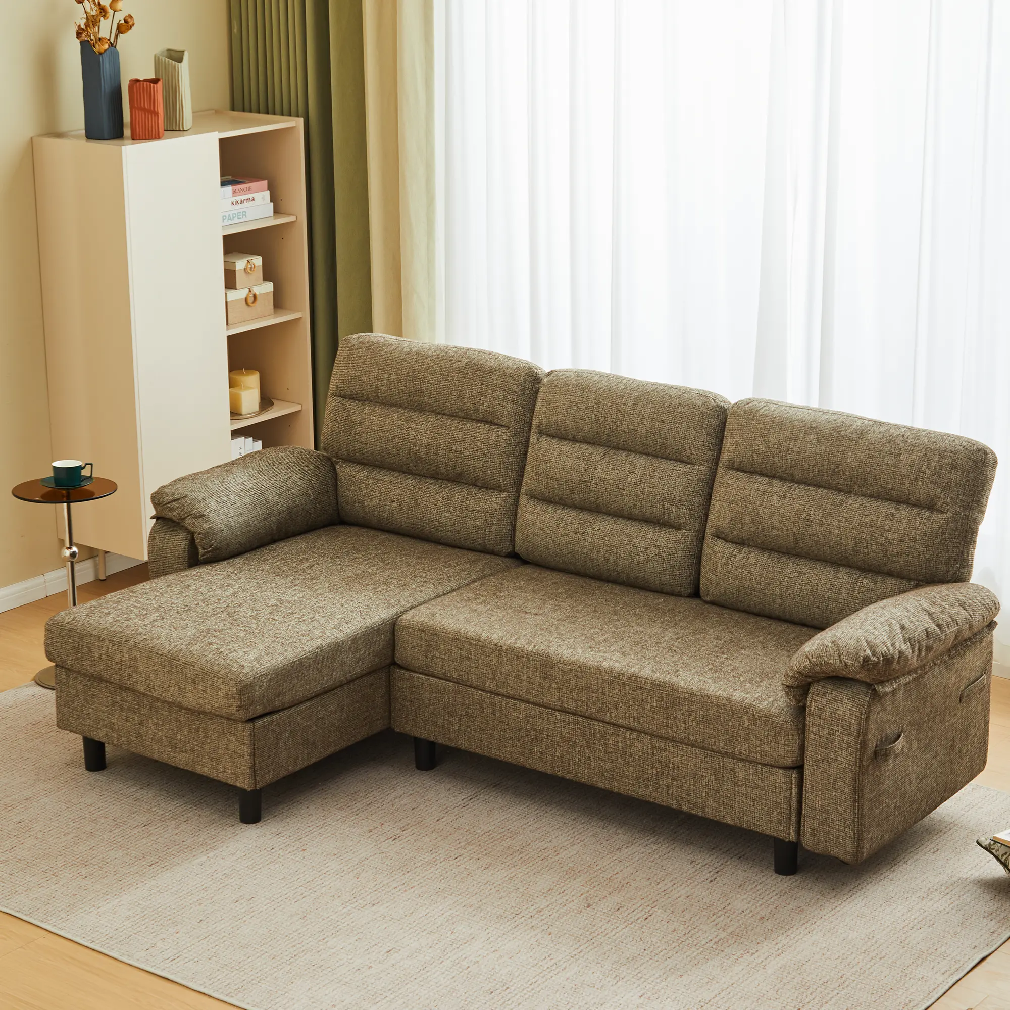 Sweetcrispy L-Shaped Chaise Lounge Sectional Couch - 3-Seat Modular, Textured Olive Upholstery, Deep Seat Sleeper, Cloud-Soft Double-Cushioned, Modern Indoor Sofa, Space-Friendly Living Room Apartment Furniture