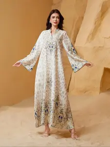Women's Floral Embroidery Long Kaftan Dress, Elegant Notched Neck Long Sleeve Arabic Clothing, Ladies Islamic Clothing Modesty Muslim Clothing for Daily Wear Muslim Women Gowns