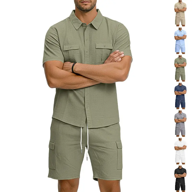 Men's Textured Beach Workwear-Style 2-Piece Set - Short-Sleeve Notched Lapel Shirt, Single-Breasted Closure, Double Flap Chest Pocket, Side Drawstring Multi-Pockets Cargo Bottoms, Lightweight Breathable Drapey Wrinkle-Free Fabric