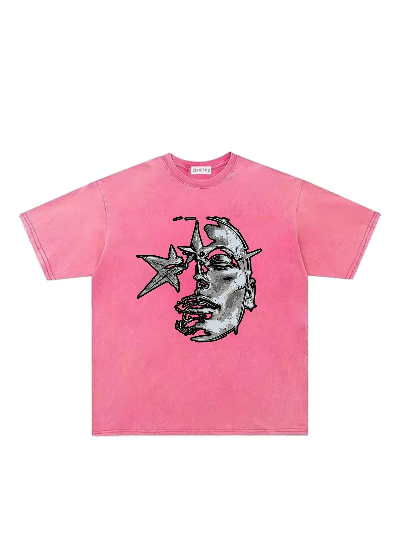 American Vintage Retro Dark Street Style Heavy Washed Tie-Dye Star Angel Print Crewneck T-Shirt, Unisex Summer Fashion Casual Short Sleeve Tee, Graphic Tees, Streetwear