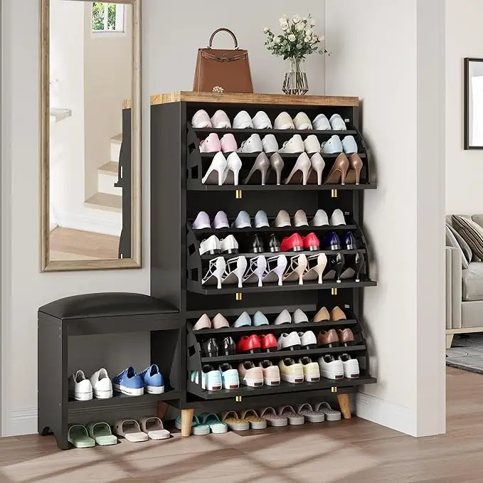 Yitahome Shoe Cabinet with 3 Flip Drawers,Shoe Storage Cabinet with Shoe Bench for Entryway, Freestanding Hidden Shoe Rack Storage Organizer with Gold