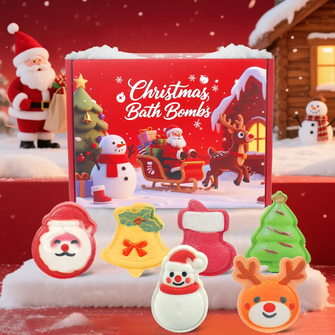 iHave Handmade Christmas Scented Bath Bombs Gift Set - 6pcs Festive Kids Box with Santa, Snowman, Reindeer, Tree, Bell, Stocking, Organic Aromatherapy Fizzy Body Care, Relaxing Gentle Soothing Storage-Friendly Holiday Stocking Stuffers