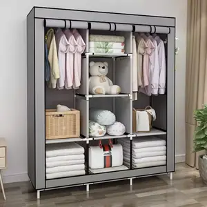 64inch Portable Wardrobe Closet Clothes Organizer Simple Non-woven Fabric Wardrobe Multi-functional Household Clothes Storage Cabinet with Cover Gray Portable Closets
