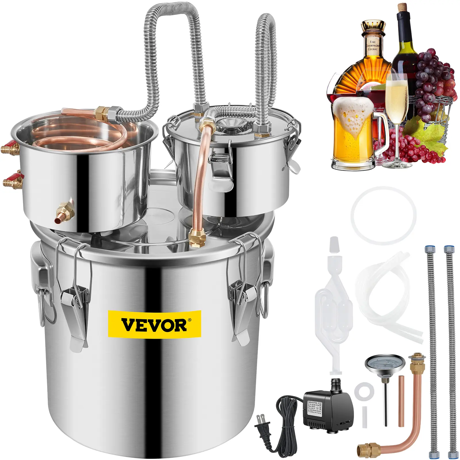 VEVOR 8-Gal Durable Stainless Steel Moonshine Still Set, Silicone Insulated Water Alcohol Distiller with Copper Tube, Thumper Keg, Circulating Pump, Tight Seal, Flexible Dual-Display °C-°F Thermometer (Father's Day Gift, Bar Utensils), Alcohol Making