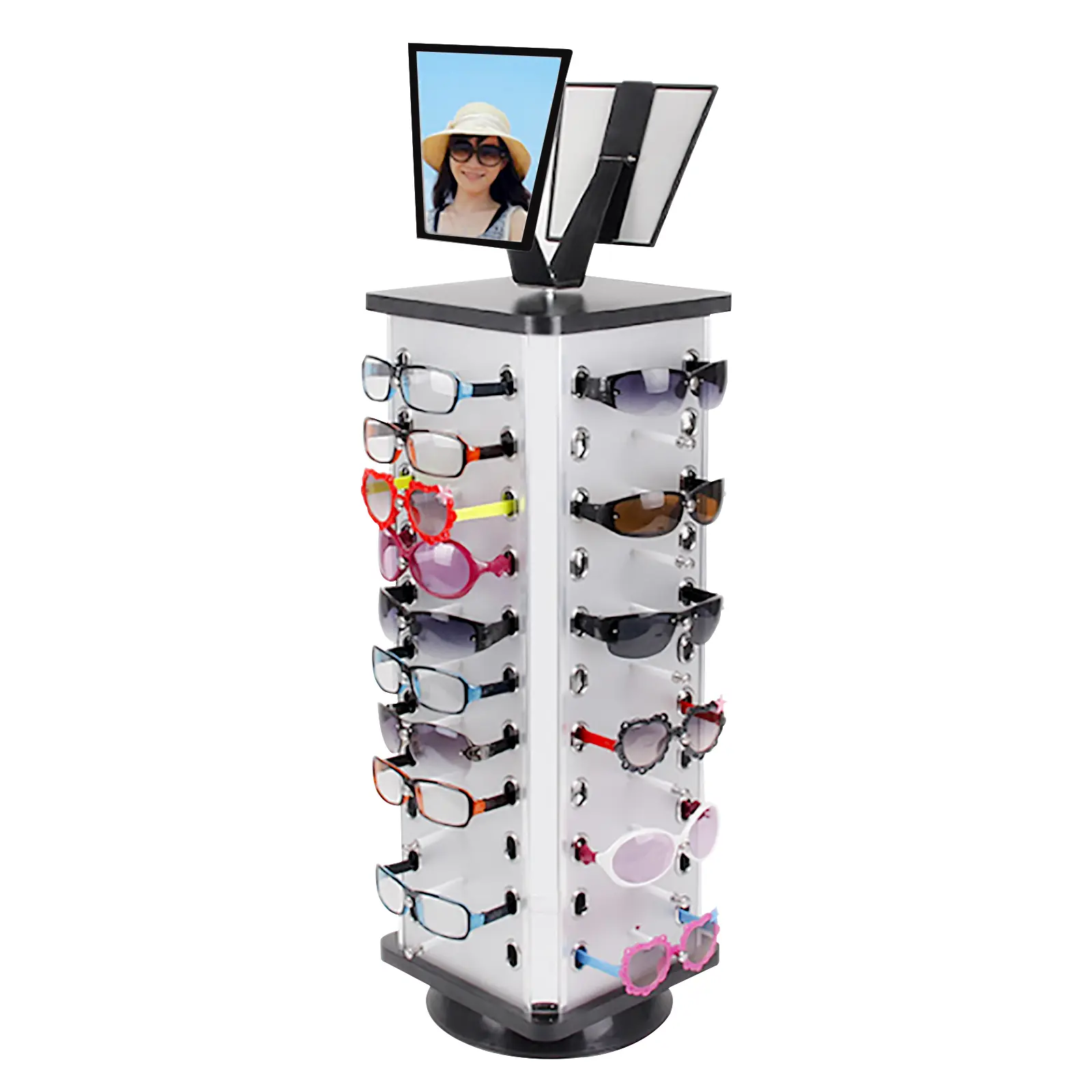 Silver 360° Rotating Eyeglasses Display Stand Organiser - 4-Sided Aluminium-Plastic-Wooden Rack, Adjustable Mirror, Sturdy Stainless Steel Base, Smooth Paint, Hand-Operated Insert Design, Holds 44 Pairs for Optical Shops, Home Use, Protective Packaging, M