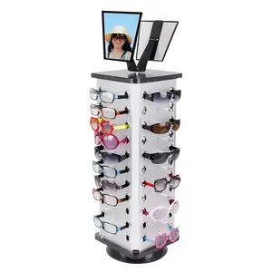 360° Rotating Eyeglasses Display Stand, Holds 44 Pairs of Sunglasses & Myopia Glasses, 4-Sided Storage Rack with Adjustable Mirror & Sturdy Base, for Optical Shops Fashion Stores Home Organizers