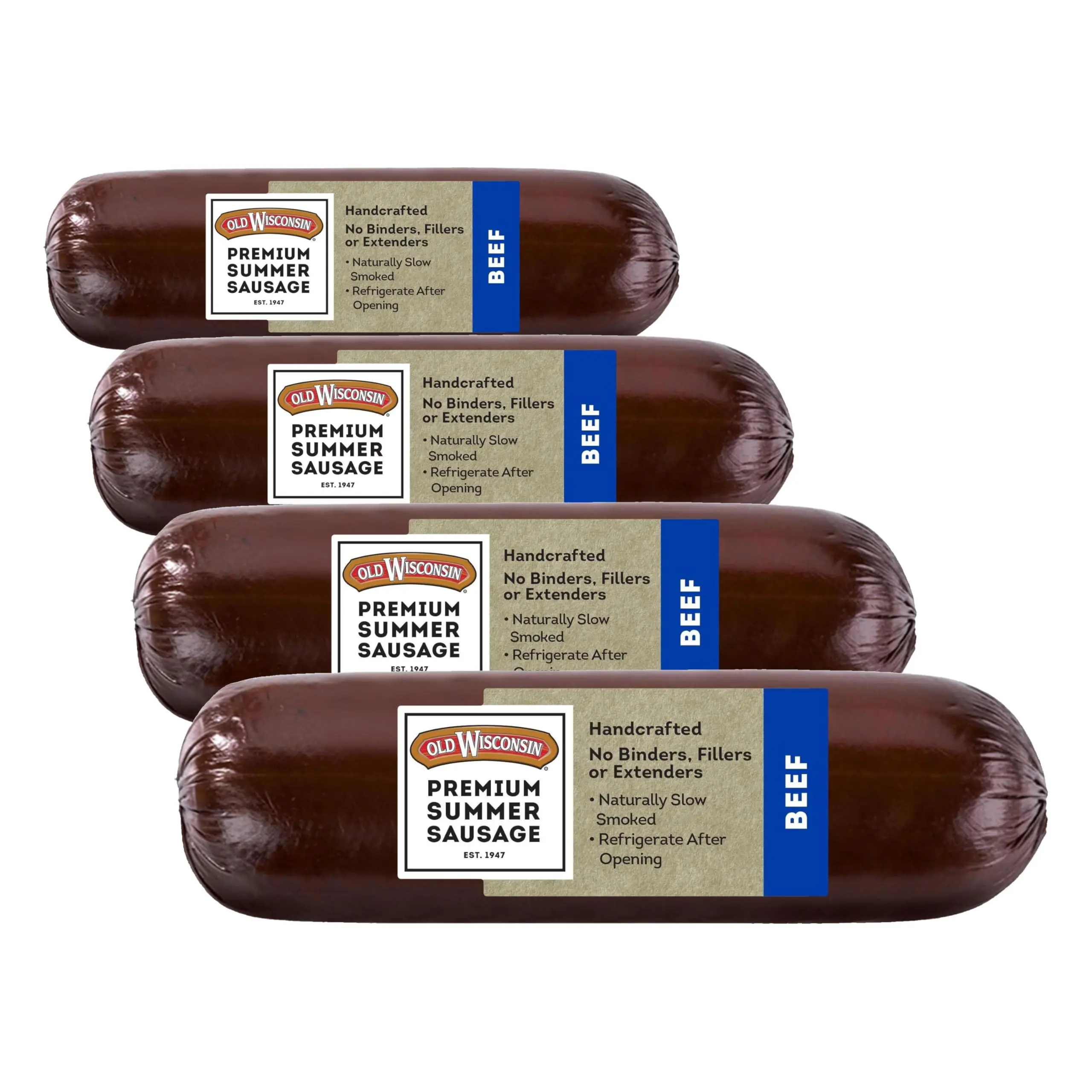 100% Beef Premium Summer Sausage - Ready-to-Eat Smoked Dried Snack, High Protein, Low Carb, Gluten-Free, 8 oz Pack of 4, Ambient for Travel, Camping, Hiking, No Binders