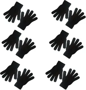 6 Pairs Winter Magic Gloves Adults Warm Stretchy Cold Weather Mittens Unisex Black Gloves One Size Fits Most Men Women Teens Knit Gloves