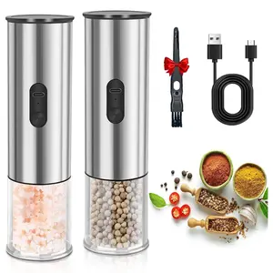 Electric Salt and Pepper  Set, Rechargeable Salt and Pepper Shakers Refillable, Automatic Pepper Mill with Adjustable Coarseness,  Hand Operation with LED light, Stainless Steel