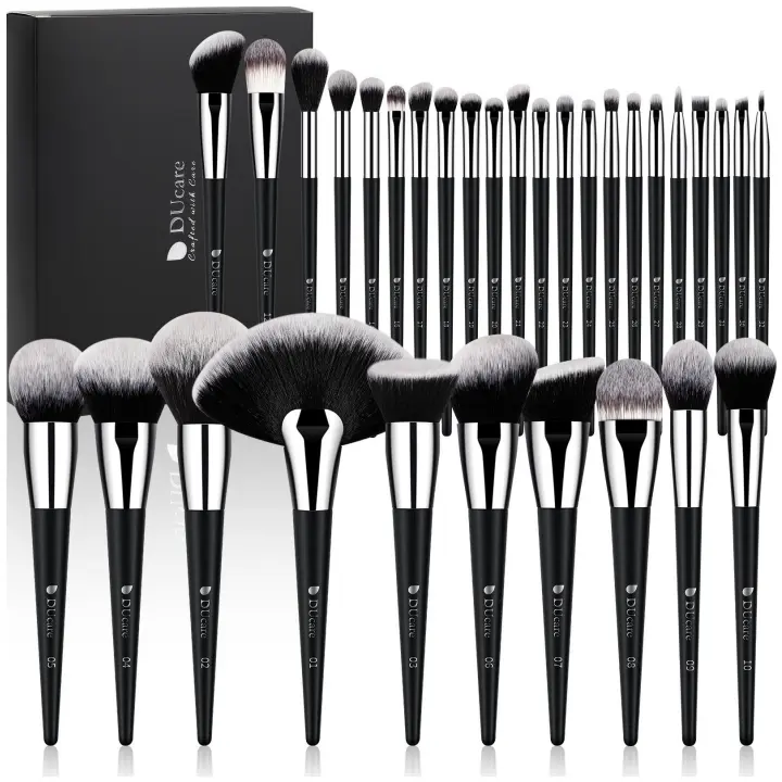 DUcare 32-Piece Cosmetic Brush Set - Hypoallergenic Sensitive-Safe Premium Synthetic Bristles, Aluminum Ferrule, High-Density Fibres, Cruelty Free, Vegan Friendly, Numbered Guides, Eyeshadow Brush Set, Gift Storage Bag Included