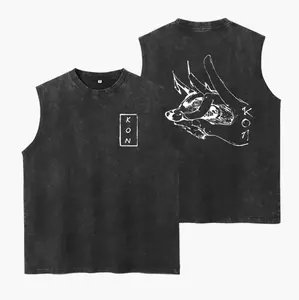 Japanese Anime Chainsaw Man Cartoon Kon Washed Tank Top, Gym Essential, Vintage Casual Crewneck Sleeveless Menswear T-shirt Classic Cotton Fabric Streetwear