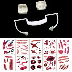 Fangs Denture Canine Tooth +10-Sheet Realistic Scar Stickers Vampires Zombies PVC False Teeth Cosplay Props Halloween