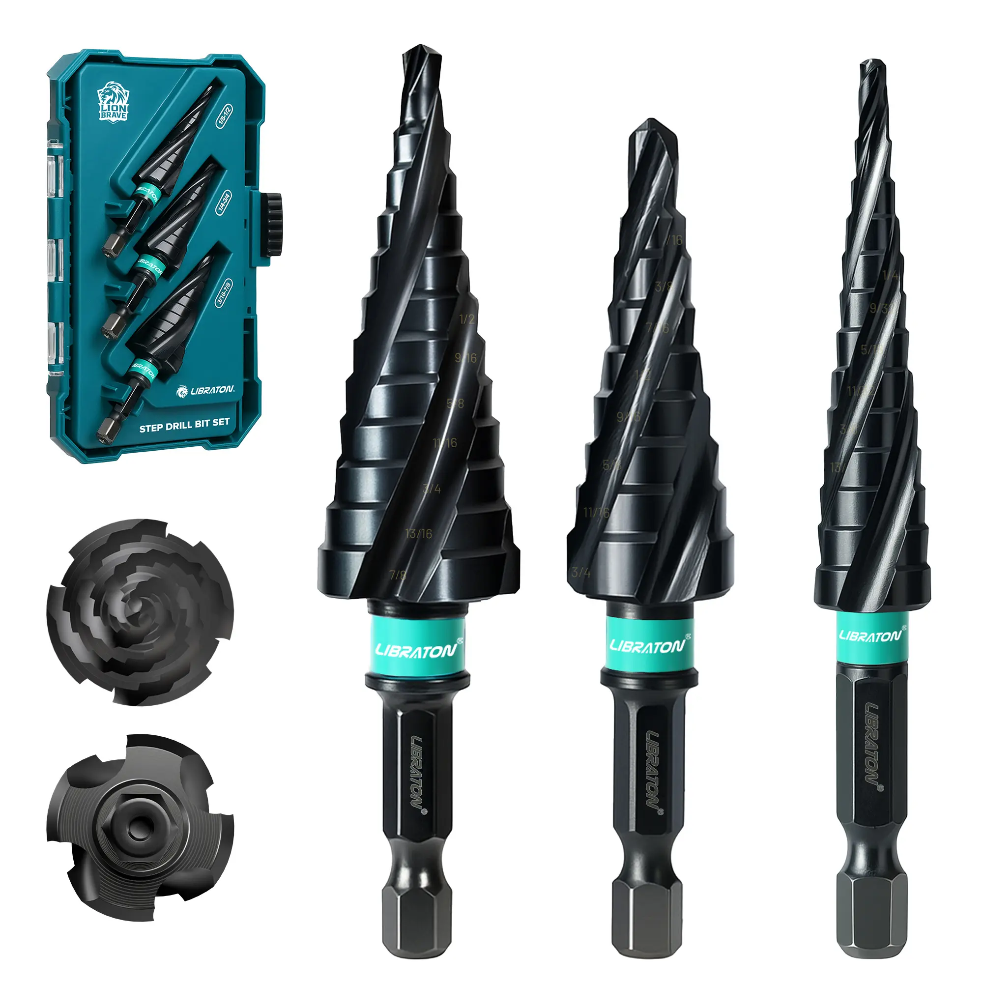 LIBRATON Four Spiral Flute Step Drill Bit, M35 Cobalt Unibit Step Drill Bit Set 1/8"-7/8", AlTiN Coated Step Bits, Four Spiral Flute, 1/4" Hex Shank for Metal, Stainless Steel, Aluminum, Plastic, 3PCS