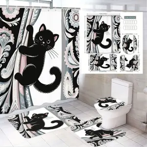 1/4pcs Black Cat & Floral Paisley Bathroom Set - Shower Curtain Sets with Climbing Cats, Matching Bath Mat, Toilet Lid Cover, Small Rug - Whimsical Decor for Easter, Halloween, Home Living, Modern Bathroom Design, Decoration, Bathroom Decorations