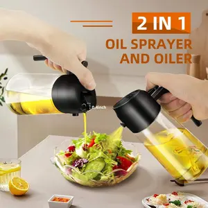 3Pcs Nifogo 2-in-1 Oil Sprayer & Dispenser, 470ml Food-Grade Glass Bottle, Refillable Oil Bottle for Kitchen Air Fryer Salad BBQ (Black White Green)