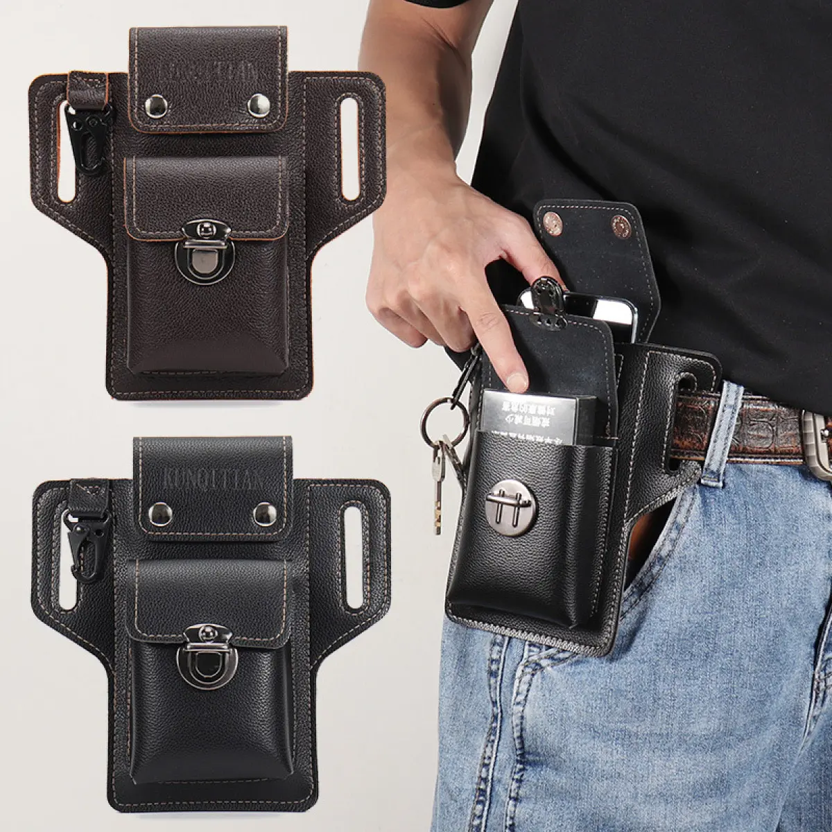 Phone Pouch Leather Belt bag Holster Case Compatible with iPhone, Samsung Mobile phones below 6.3 inches Travel Essentials Zipper Everything Belt Bag Waist Bags