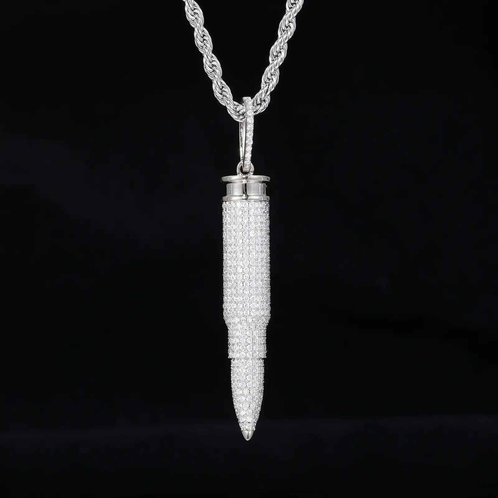 Men's Bling Iced Out Bullet Pendant Necklace, Golden 5A Cubic Zirconia Hip Hop Rope Chain, Statement Streetwear Jewelry Gift, Bling Pendant