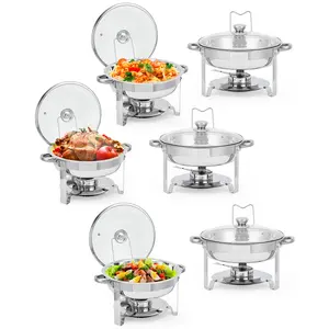 6-Pack Stainless Steel Round Food Chafing Dish Buffet Set - 5 QT, with Glass Lids, Lid Holders, Tray, Ideal for Parties, Restaurants, Weddings, Hotels, Corporate Events