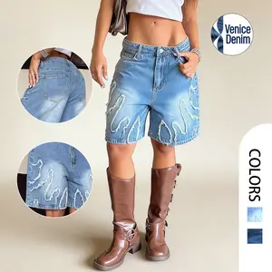 Mid Rise Denim Bermudas for Women – Light Wash Blue, Carpenter Shorts,  Denim Jorts, Knee Length Cutoff Loose Fit Long Shorts, Designer Style Jeans, Hot Baggy Short Pants, Essentials Casual Streetwear, Low Waisted Summer Beach Fashion Bottoms, Jeanshorts