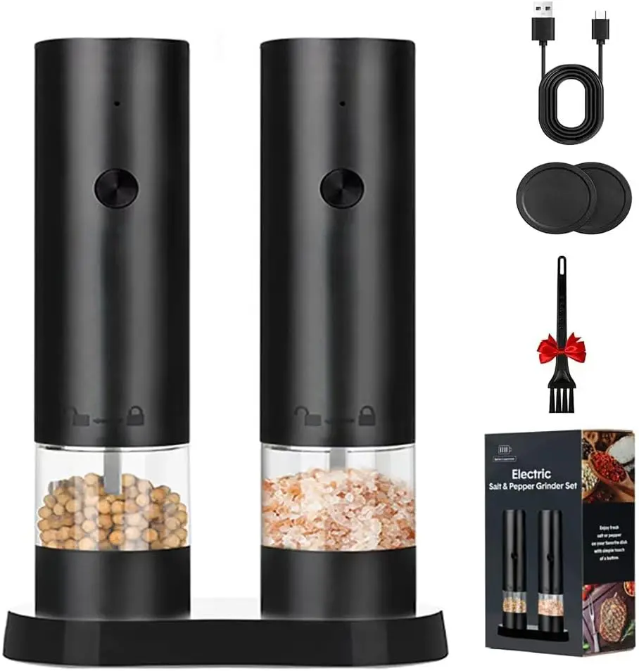 Electric Salt and Pepper Grinder Set with Battery Rechargeable, External Adjustable Coarseness, Automatic Ceramic Salt & Pepper Shakers Mills for Seniors & Weak Hands & Kids, Gift for Mother