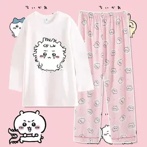 Anime Usag Hachiware Summer thin pajamas round neck Loose long-sleeved shirt and pants Cute cartoon pattern household clothes
