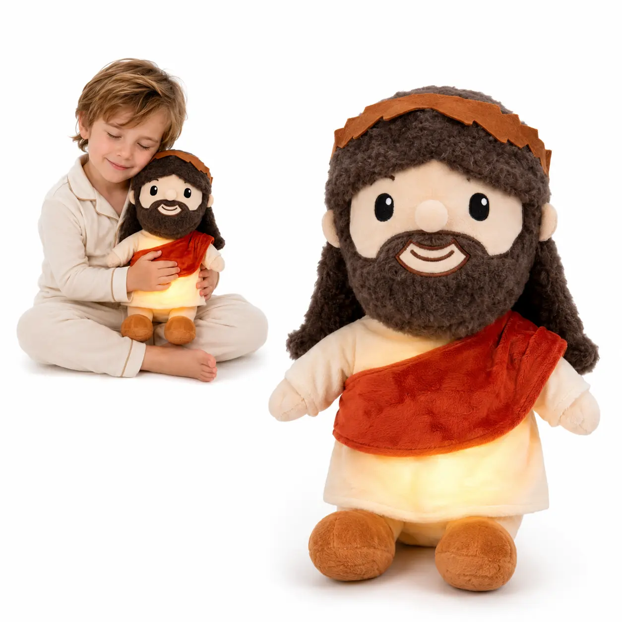 Breathing Jesus Plush Doll, Soft Christian Stuffed Jesus Toy with Gentle Breathing Motion, Cute Brown Hair Beard, Cream Robe and Red Sash, Cozy Bedtime Companion for Kids, Teens, Adults, Nightstand Decor, Prayer Corner, Travel Friendly Gift Idea