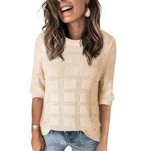 Dokotoo Women's Casual 3/4 Sleeve Loose Tunic Tops Lightweight Crochet Knit Summer Sweaters Blouses