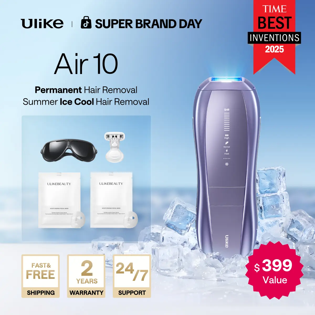 Ulike Laser Hair Removal Air 10 IPL Device with Ice-Cooling Contact Dual Lights Skin Sensor & SHR Mode for Comfortable Effective Results - Epilator