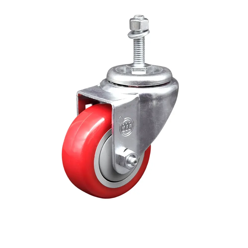 212 MAIN Stainless Steel Threaded Single Caster (Series #20) - Polyurethane Swivel Wheels, Ball Bearings, 3.5x1.25in Red, 10mm Stem (SCC-SSTS20S3514-PPUB-RED-M1015), 250Lbs Load Capacity, Durable Light/Medium Duty Furniture Moving Wheel, Multi-Surface