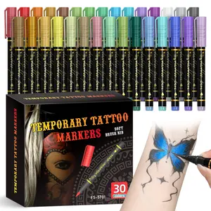 Temporary Tattoo Markers for Skin,With Stencils,Body Markers,10/15/30 Colors Tattoo Pens,Flexible Brush Tip, Bright colors, Face Paint Kit Cosmetic Quality,Halloween makeup