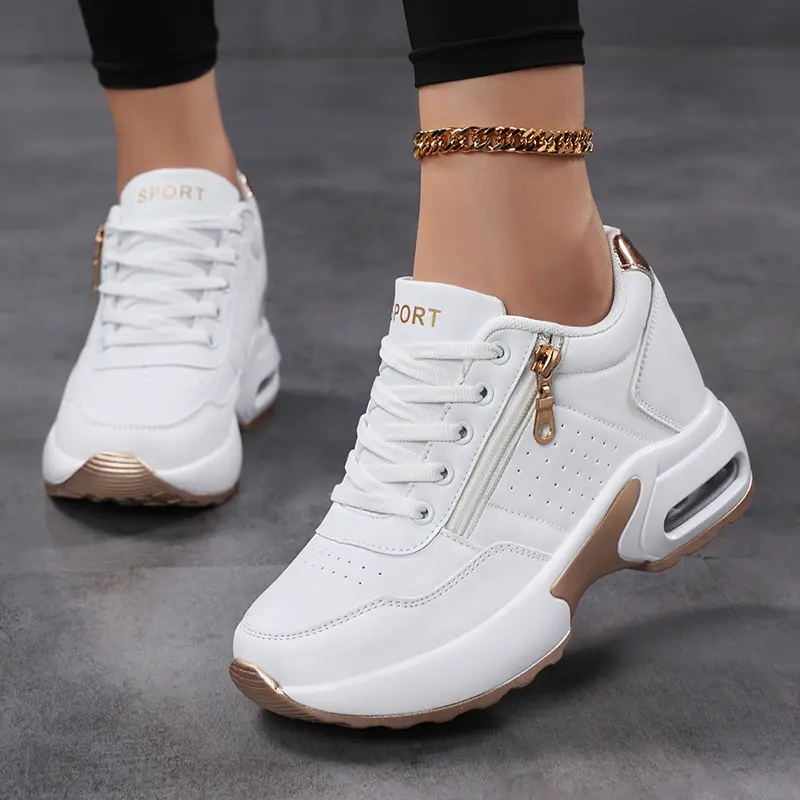 Sosenfer Women's White Low-Top Athletic Sneakers - 2026 JH.1012 Shoes for Women with Zipper, Non-Slip, Waterproof, Wear-Resistant, Comfortable, Breathable, Thick-Soled Height-Increasing Platform for Daily Street Fashion, Women's Sneakers