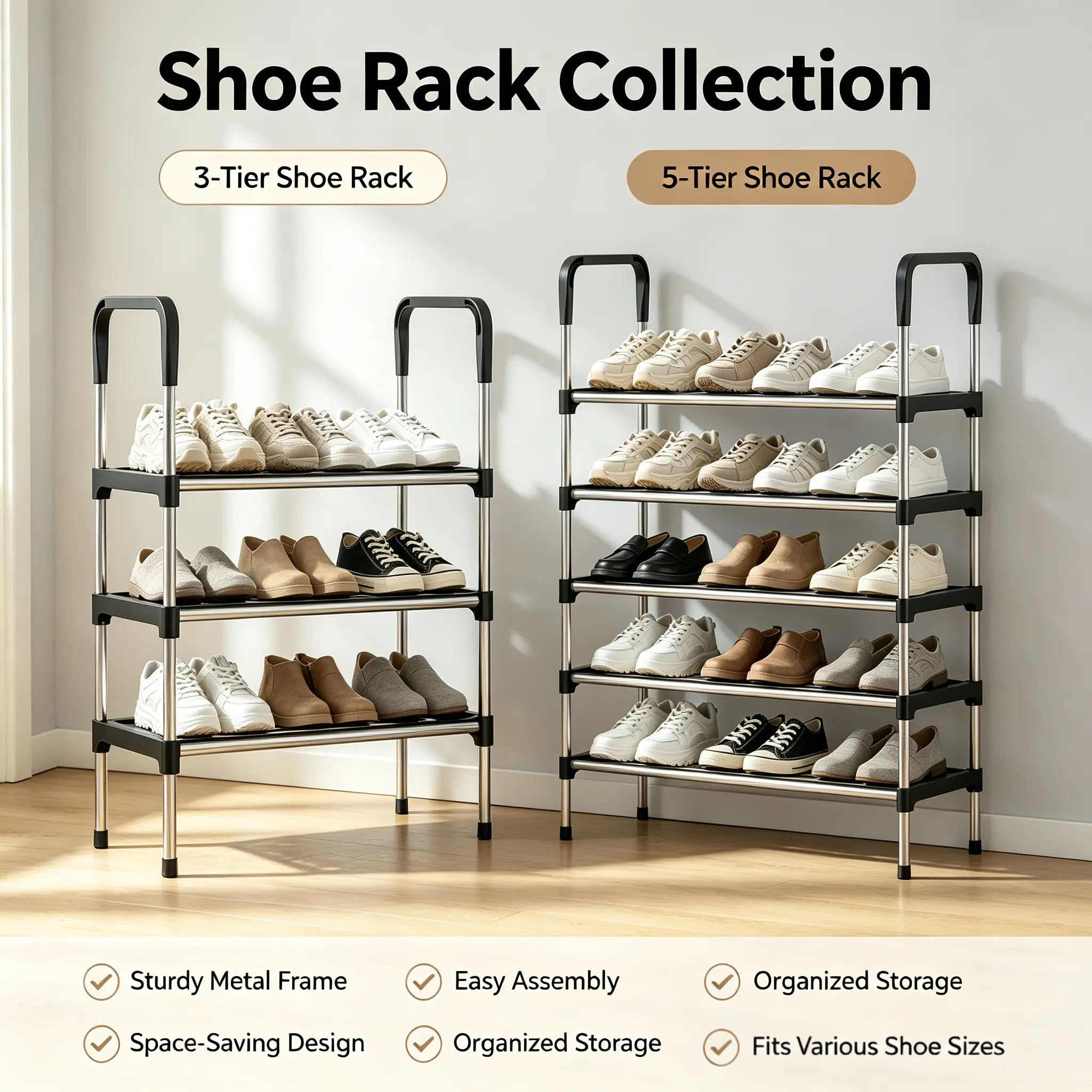 Adjustable Multi-Tier Shoe Rack with Top Handle, Stackable Freestanding Shoe Storage Organizer, Space Saving Entryway Shoe Shelf, Sturdy Sneaker Boot Slipper Display Rack for Hallway Bedroom Apartment Dorm,Diversified storage demands